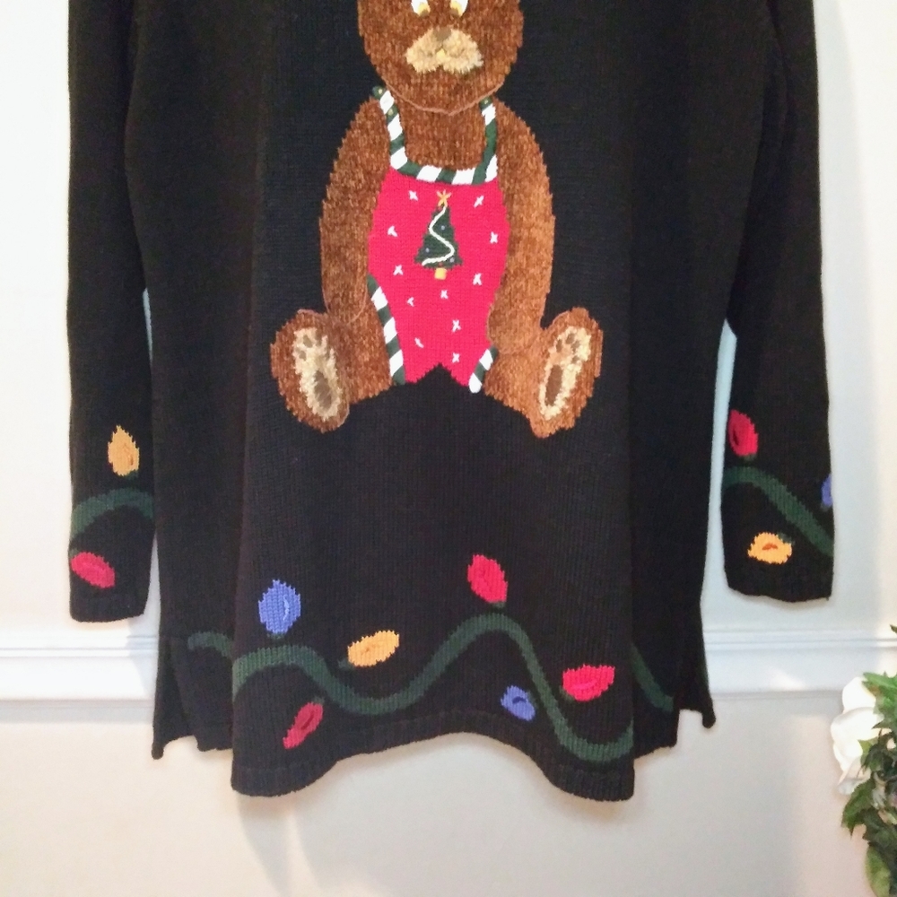Quacker Factory Black/Multi Reindeer Teddy Bear & Christmas Lights Tunic Sweater - Picture 3 of 12